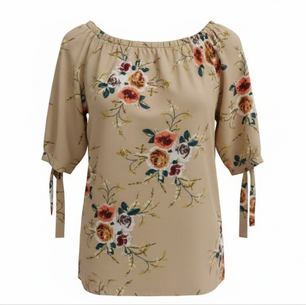 Rosegal 4XL Floral Blouse Fits 2X Beige Off Shoulder Peasant Top